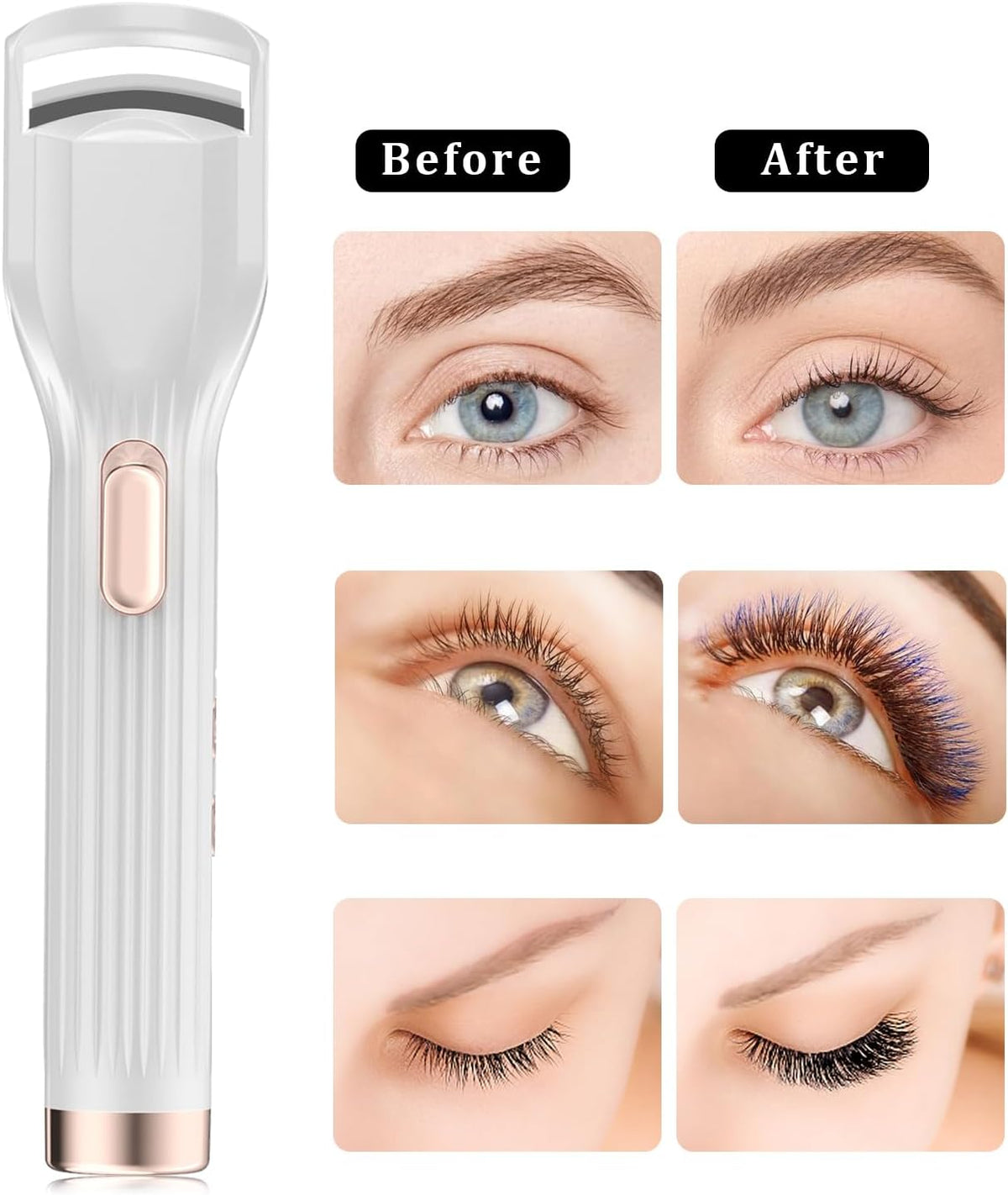Heated Eyelash Curler Premium PRO - Fast Heat up in 8s - 24 Hours Long Lasting - Rechargeable Electric Eyelash Curler with Type-C, Innovative L Silicone, 2 Heat Modes, Anti-Burn Eyelid, White-EC