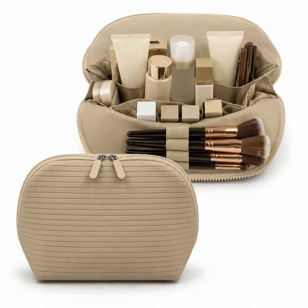 Standing Fold Down Parallel Travel Makeup Bag for Women, Cosmetic Organizer with Multi-Compartments, Stand Bag Organizes skincare, Makeup and Brushes (Premium Version, Vicuna, Medium)