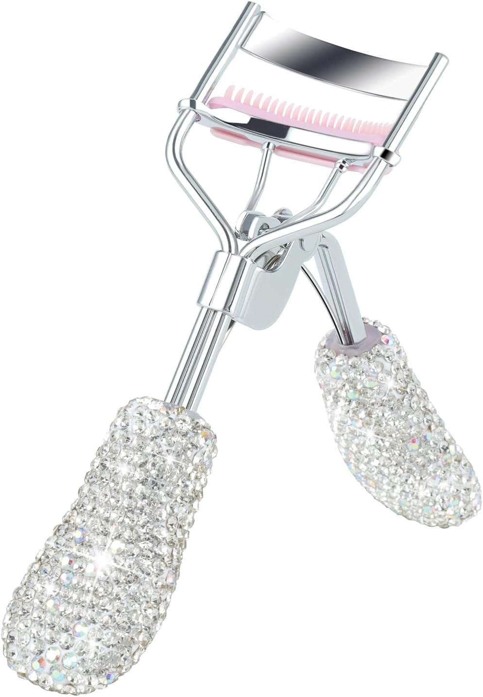 Bling Rhinestone Eyelash Curlers with Built-in Comb Natural and Long Lasting Eyelash Fit for All Eye Shape Curved Lash Curler for Daily Makeup (White AB)