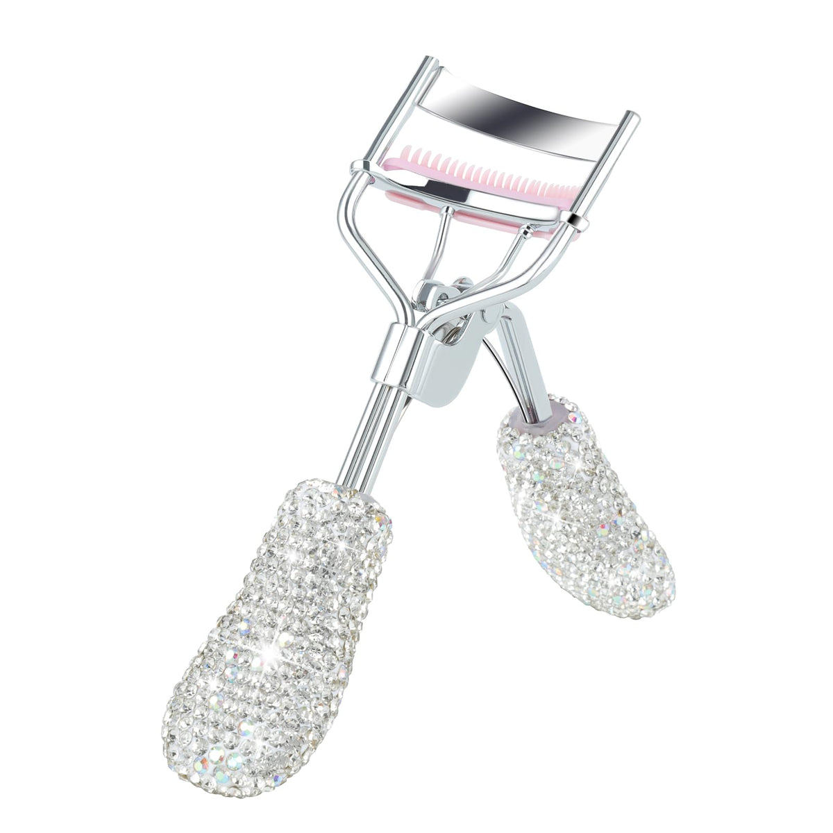 Bling Rhinestone Eyelash Curlers with Built-in Comb Natural and Long Lasting Eyelash Fit for All Eye Shape Curved Lash Curler for Daily Makeup (White AB)