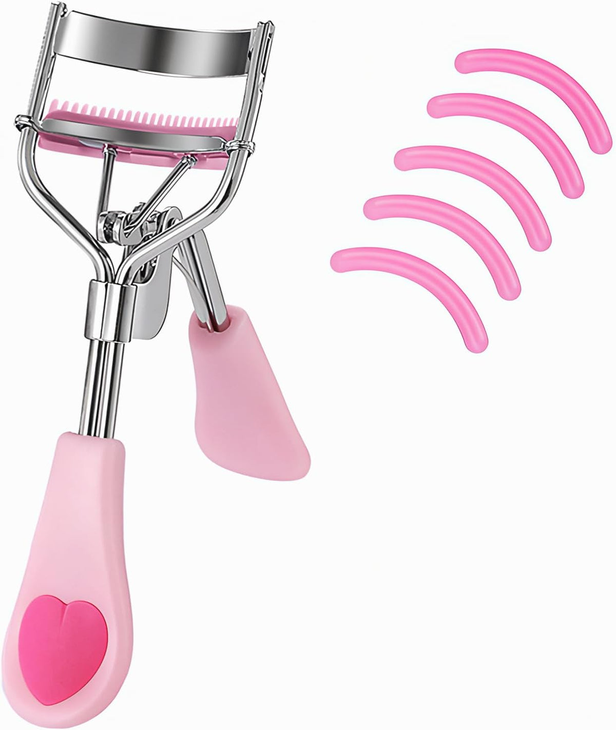 MERVK Stainless Steel Eyelash Curler with Built-in Comb Pinch Pain-Free Suitable for Any Eye Shapes and Sizes, with 5 Silicone Refill Pads (Light Pink)