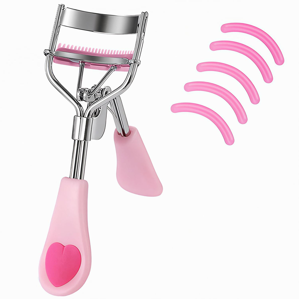 MERVK Stainless Steel Eyelash Curler with Built-in Comb Pinch Pain-Free Suitable for Any Eye Shapes and Sizes, with 5 Silicone Refill Pads (Light Pink)