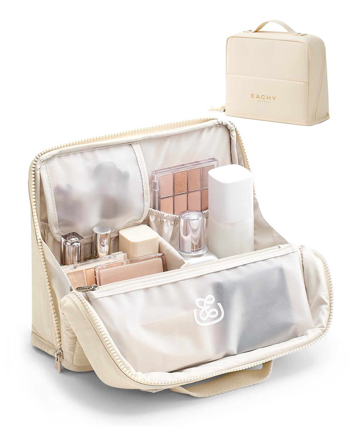 EACHY Standing Makeup Bag - Waterproof Cosmetic Bag & Toiletry Bag Organizer with Phone Holder, Detachable Dividers, Wipe-Clean Brush Pouch for Women