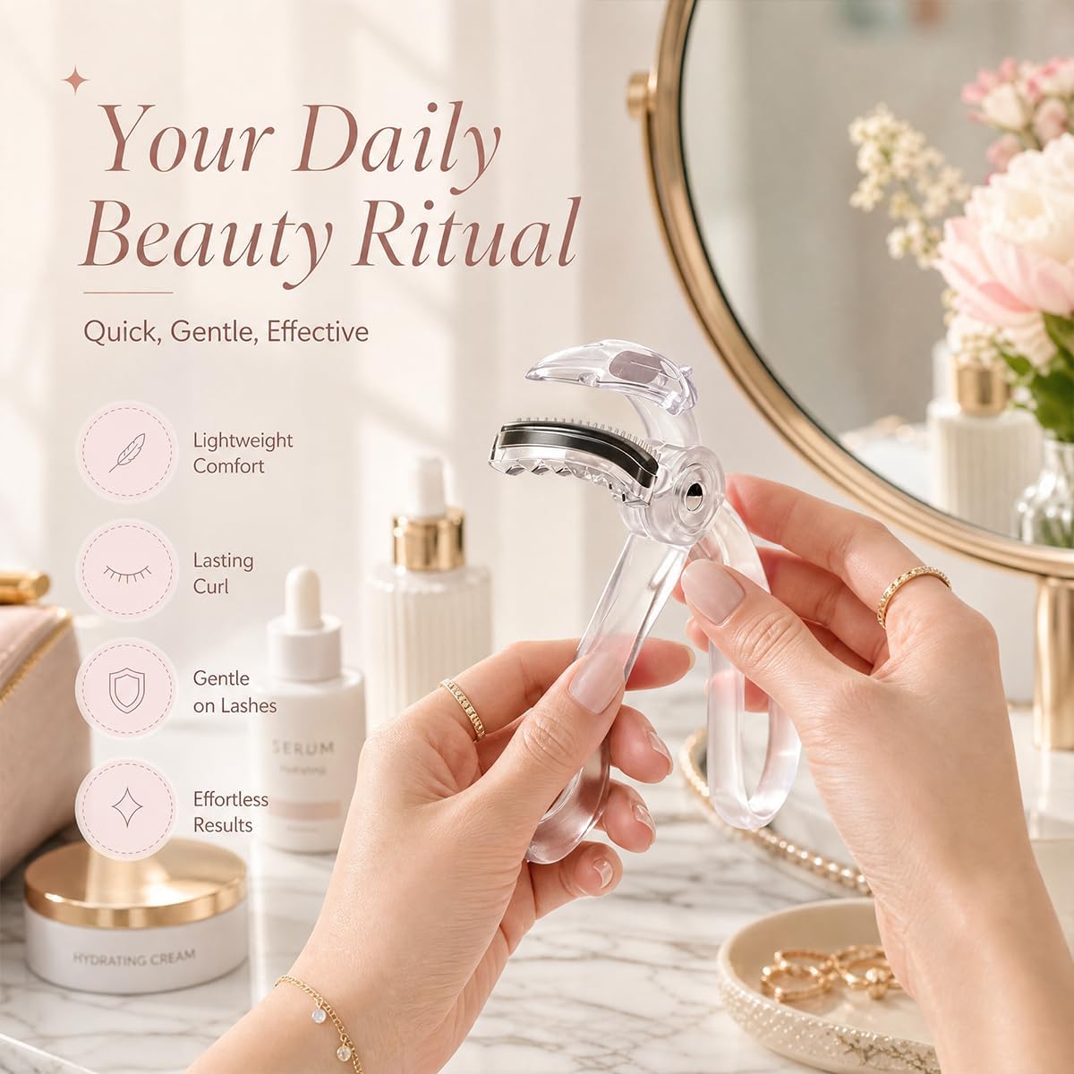 Wide Angle Eyelash Curler with Comb, Pinch Free Lash Curler, White
