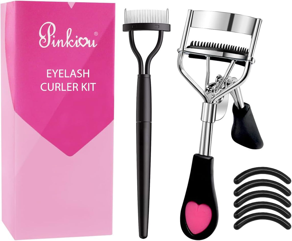 Pinkiou Eyelash Curlers with Comb and Eyelash Separator Set Professional Lash Curler with Built-in Comb Ergonomic Heart-Shaped Handle and Eyelash Comb Tool for Daily Makeup