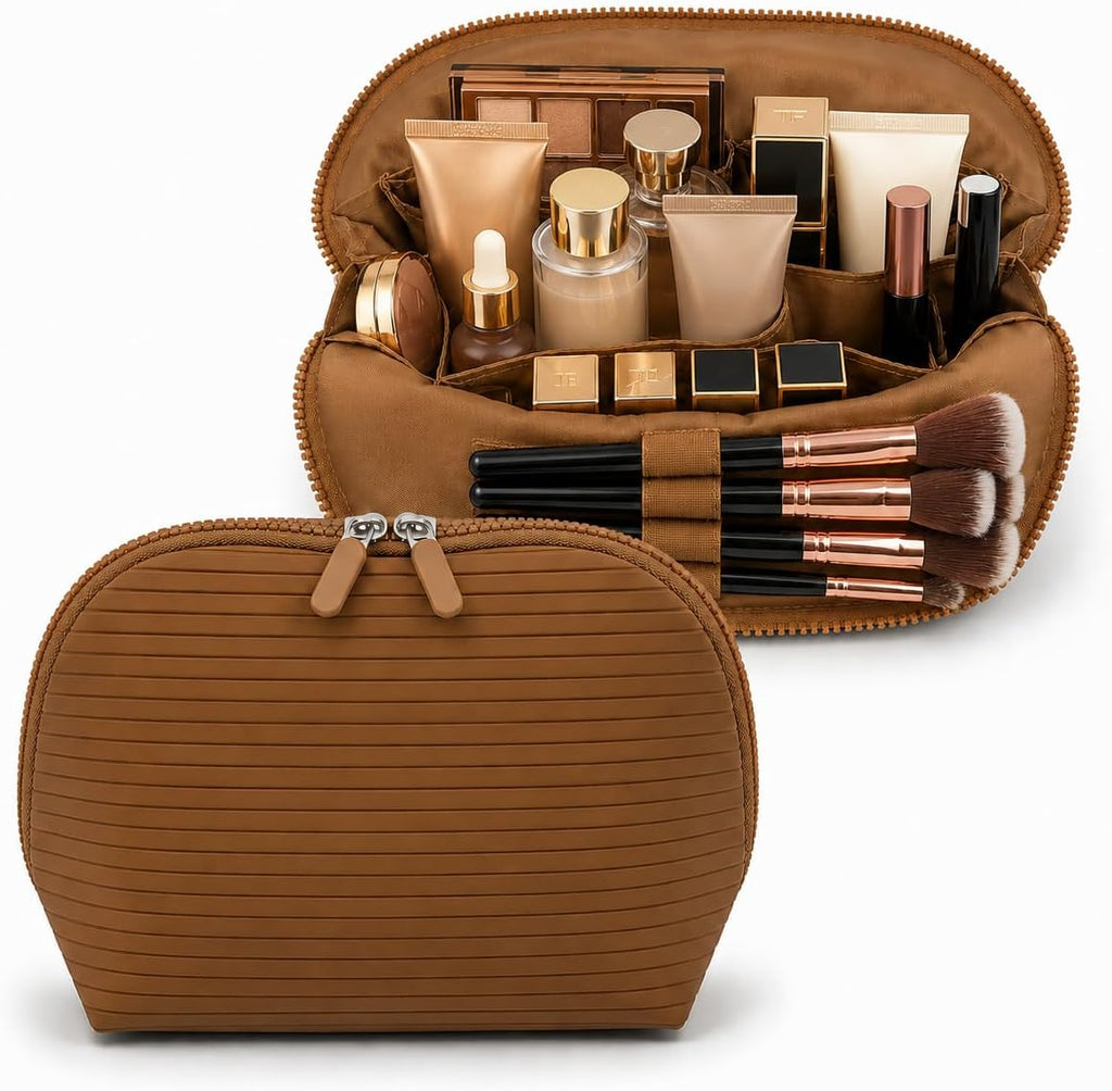 Standing Fold Down Parallel Travel Makeup Bag for Women, Cosmetic Organizer with Multi-Compartments, Stand Bag Organizes skincare, Makeup and Brushes (Premium Version, Vicuna, Medium)