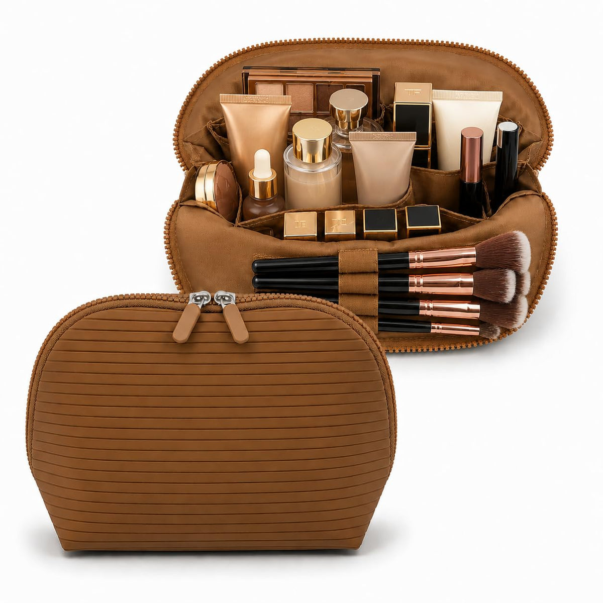 Standing Fold Down Parallel Travel Makeup Bag for Women, Cosmetic Organizer with Multi-Compartments, Stand Bag Organizes skincare, Makeup and Brushes (Premium Version, Vicuna, Medium)