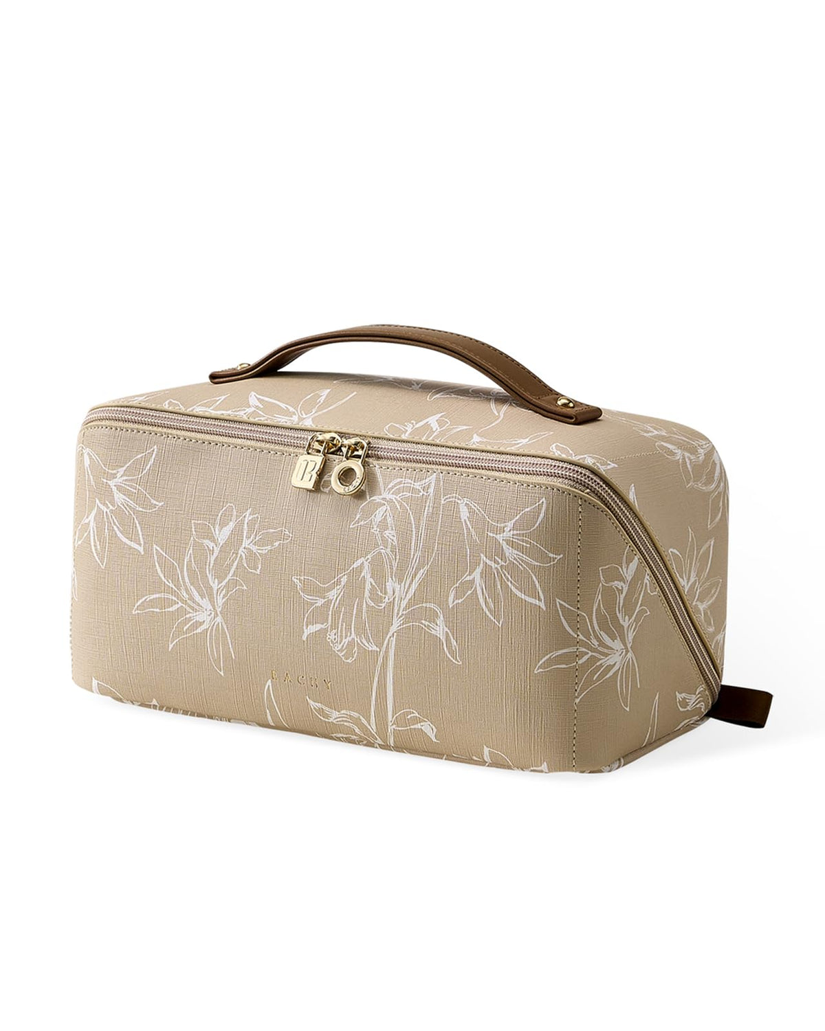 EACHY Travel Makeup Bag, Floral Cosmetic Bag for Women, Beige, Medium