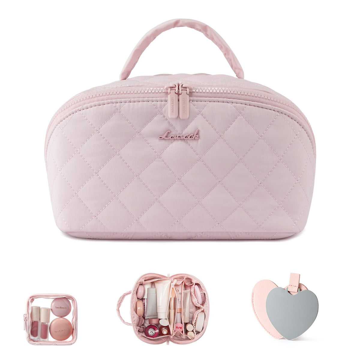 LOVEVOOK Travel Makeup Bag for Women, 2Pcs Puffer Waterproof Cosmetic Organizer, Large Capacity Pouch Open Flat Small Toiletry Bag with Brush Compartment & Handle (Pink, Medium)