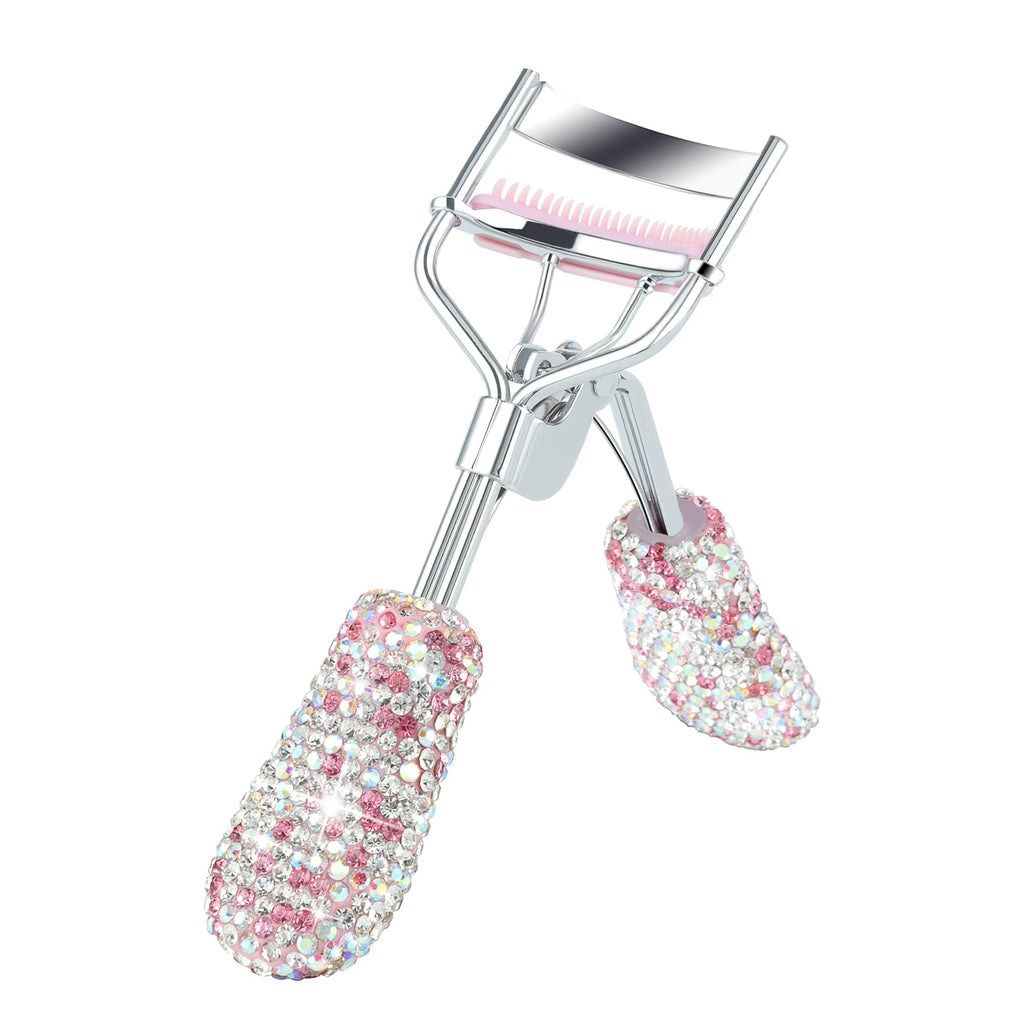 Bling Rhinestone Eyelash Curlers with Built-in Comb Natural and Long Lasting Eyelash Fit for All Eye Shape Curved Lash Curler for Daily Makeup (White AB)