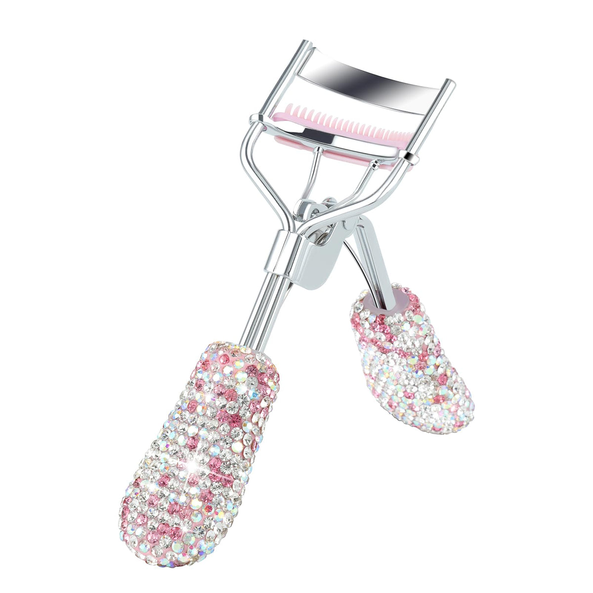 Bling Rhinestone Eyelash Curlers with Built-in Comb Natural and Long Lasting Eyelash Fit for All Eye Shape Curved Lash Curler for Daily Makeup (White AB)