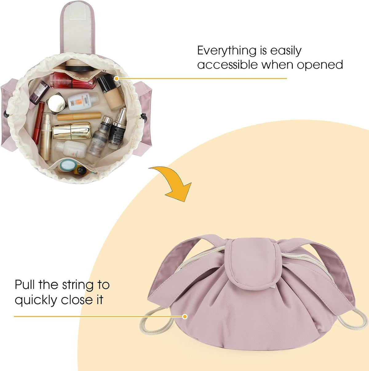 Narwey Lay Flat Drawstring Makeup Bag, Travel Toiletry Cosmetic Bag Women