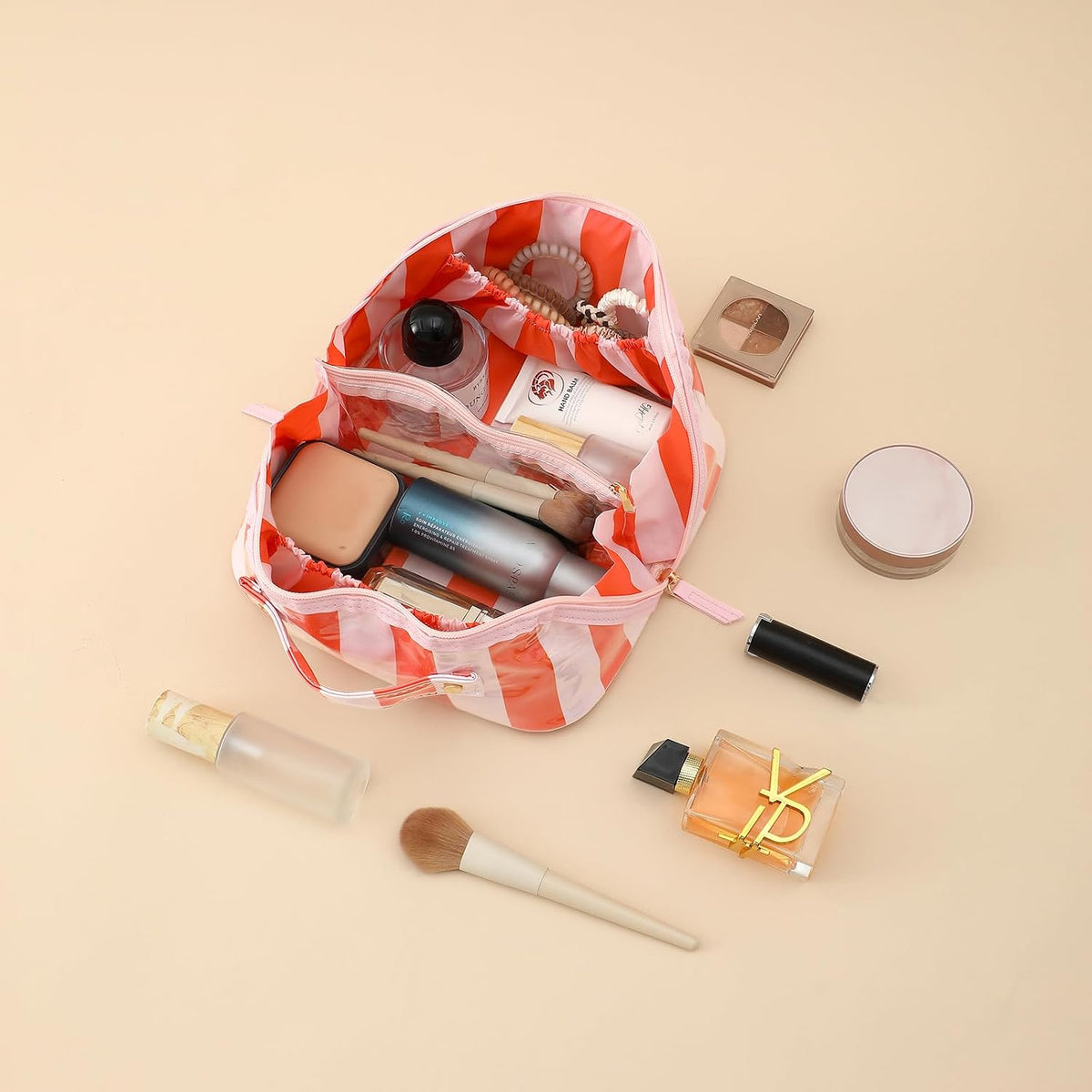 DYSHAYEN Travel Makeup Bag, Pink and Orange Striped