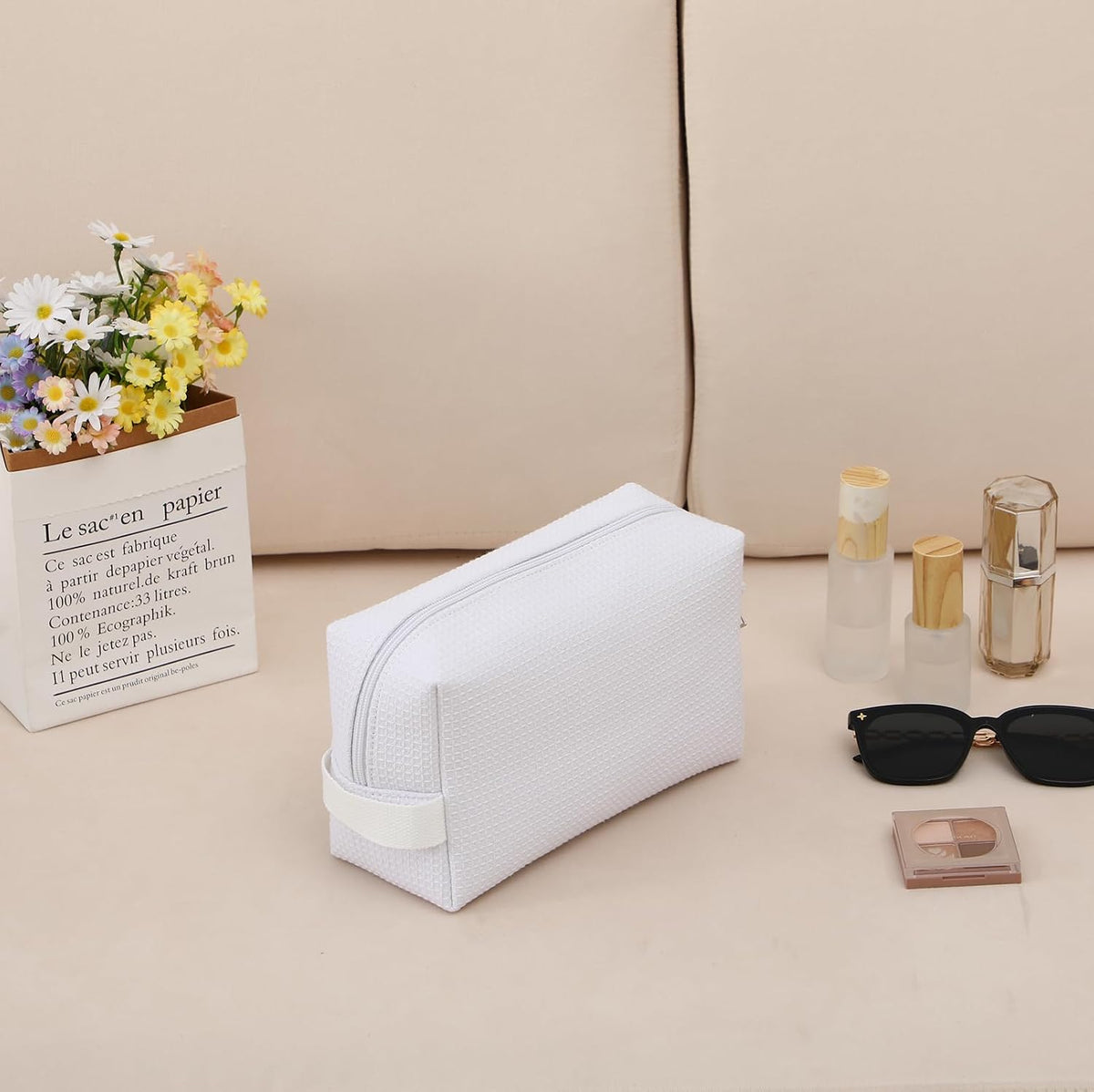 DYSHAYEN Small Waffle Makeup Bag for Travel, White