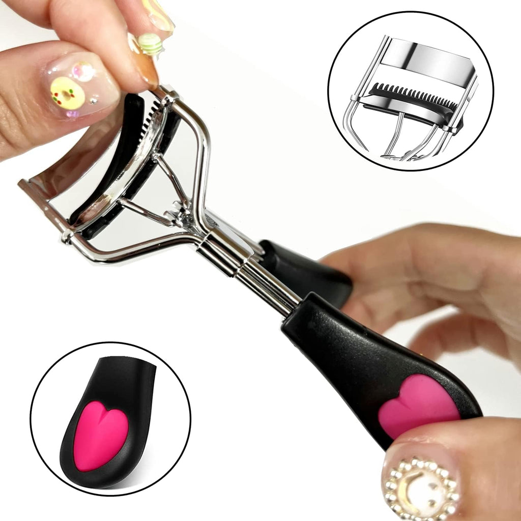 Stainless Steel Eyelash Curler with Built-in Comb Pinch Pain-Free Suitable for Any Eye Shapes and Sizes, with 5 Silicone Refill Pads (Black&Peach Heart)