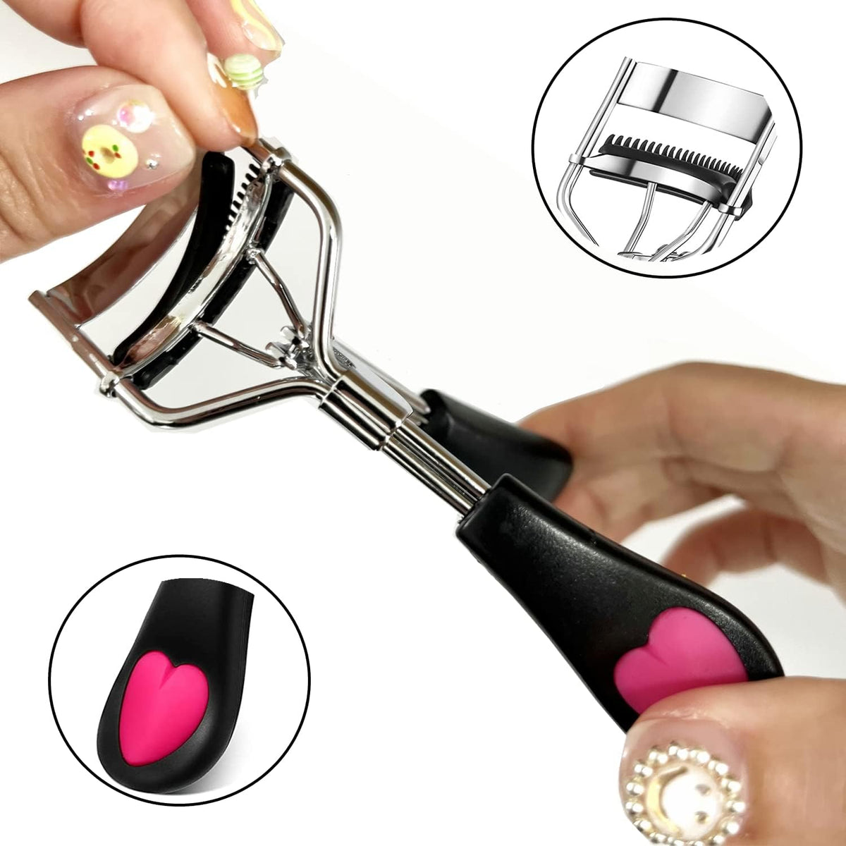 Stainless Steel Eyelash Curler with Built-in Comb Pinch Pain-Free Suitable for Any Eye Shapes and Sizes, with 5 Silicone Refill Pads (Black&Peach Heart)