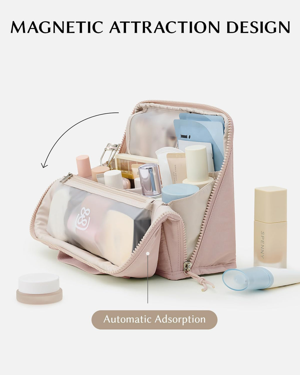 EACHY Standing Makeup Bag - Waterproof Cosmetic Bag & Toiletry Bag Organizer with Phone Holder, Detachable Dividers, Wipe-Clean Brush Pouch for Women