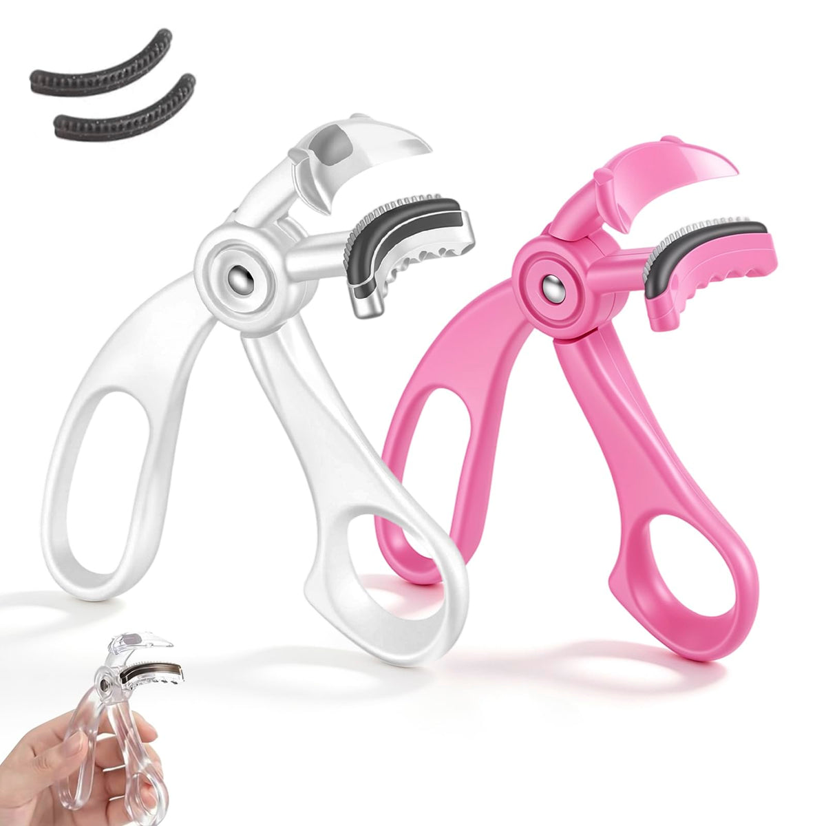 Wide‑Angle Eyelash Curler with Comb, Pinch-Free Lash Curler, White+Pink