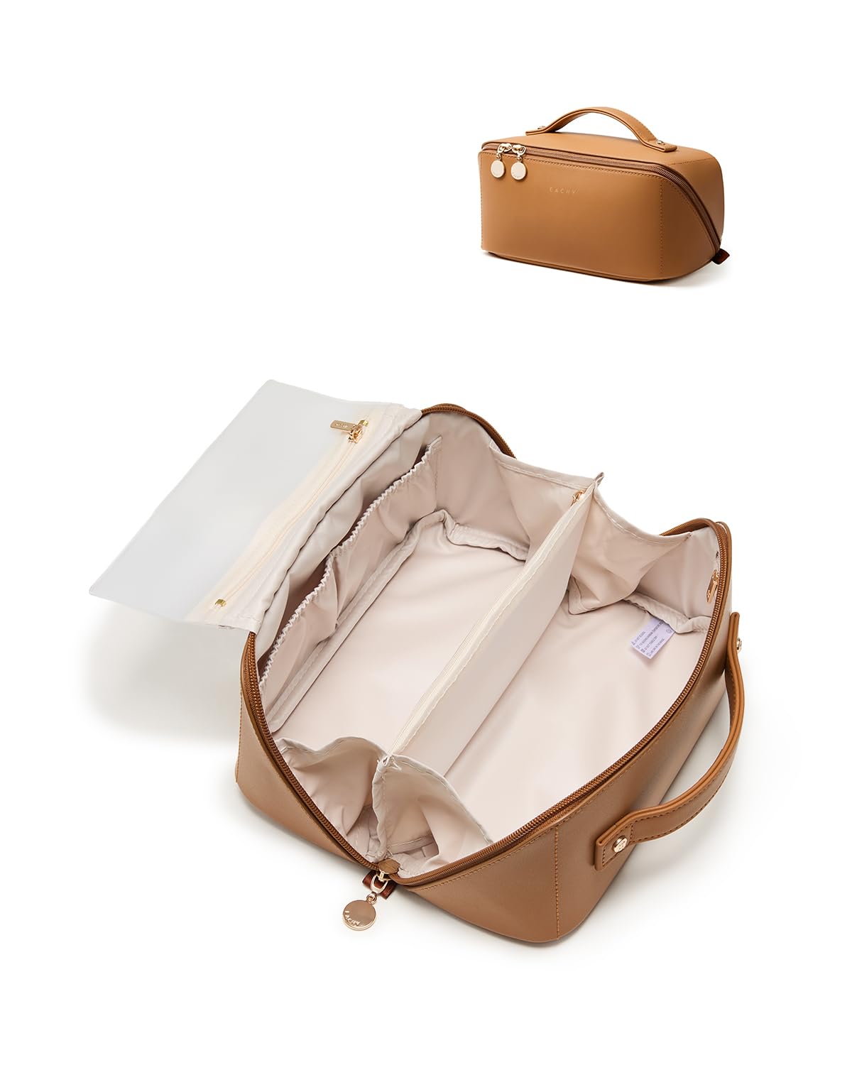 EACHY Travel Makeup Bag for Women, PU Leather Cosmetic Bag, Brown, Medium