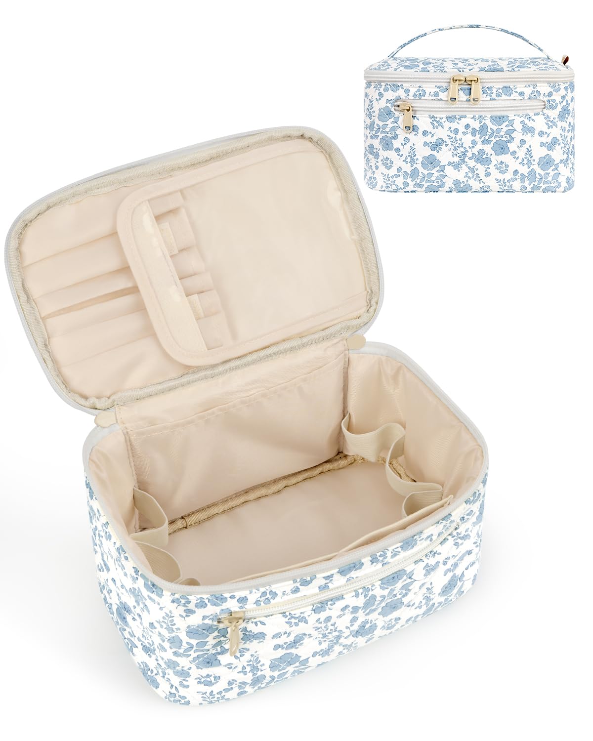 Wandering Nature Makeup Bag, Travel Make Up Organizer Cosmetic Brush Bags Case for Women in Vegan Leather, Milky White, Patent Pending