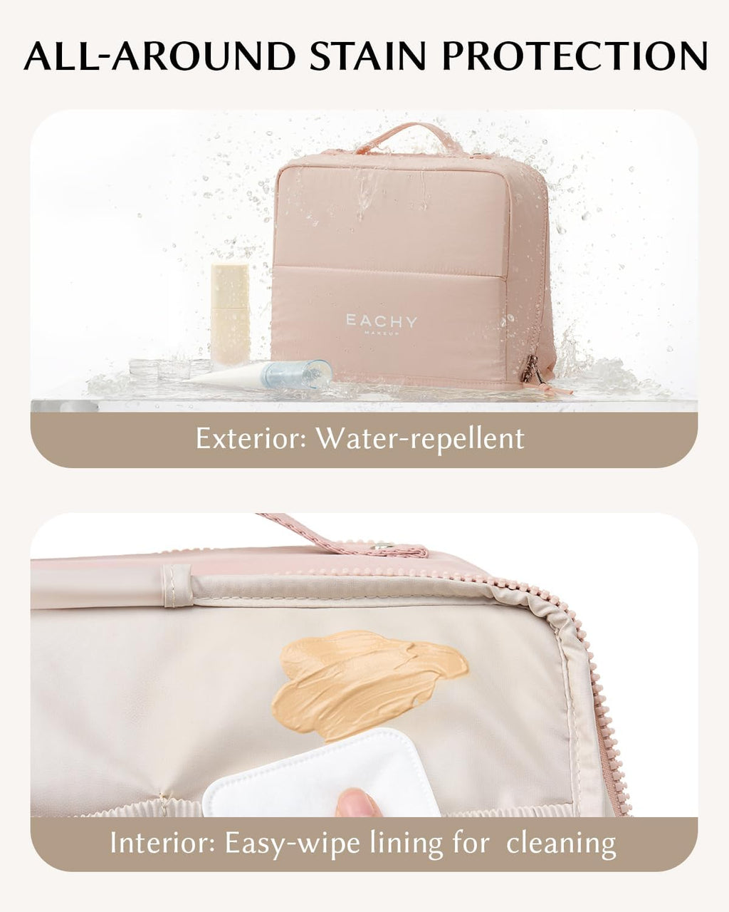 EACHY Standing Makeup Bag - Waterproof Cosmetic Bag & Toiletry Bag Organizer with Phone Holder, Detachable Dividers, Wipe-Clean Brush Pouch for Women