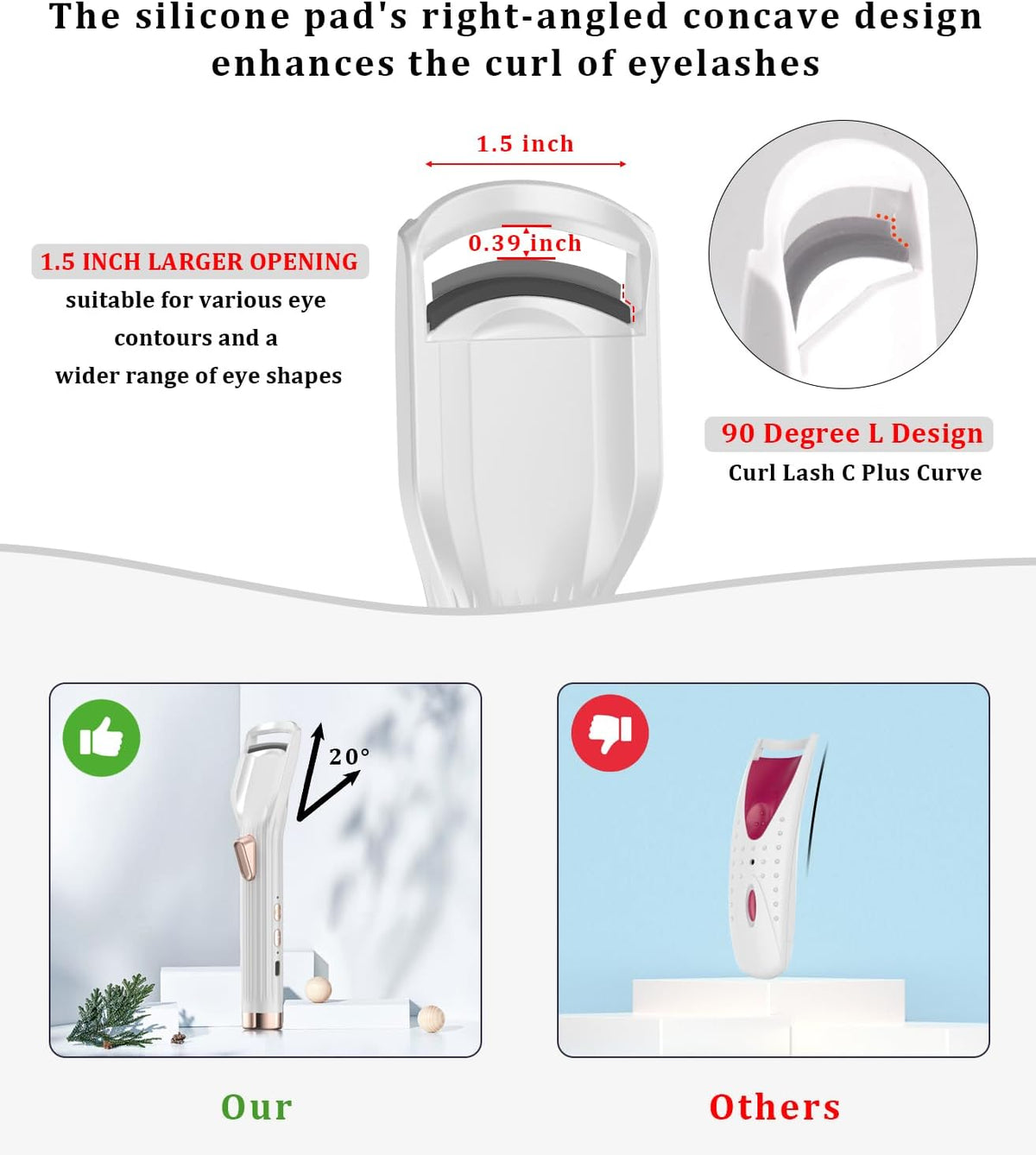 Heated Eyelash Curler Premium PRO - Fast Heat up in 8s - 24 Hours Long Lasting - Rechargeable Electric Eyelash Curler with Type-C, Innovative L Silicone, 2 Heat Modes, Anti-Burn Eyelid, White-EC