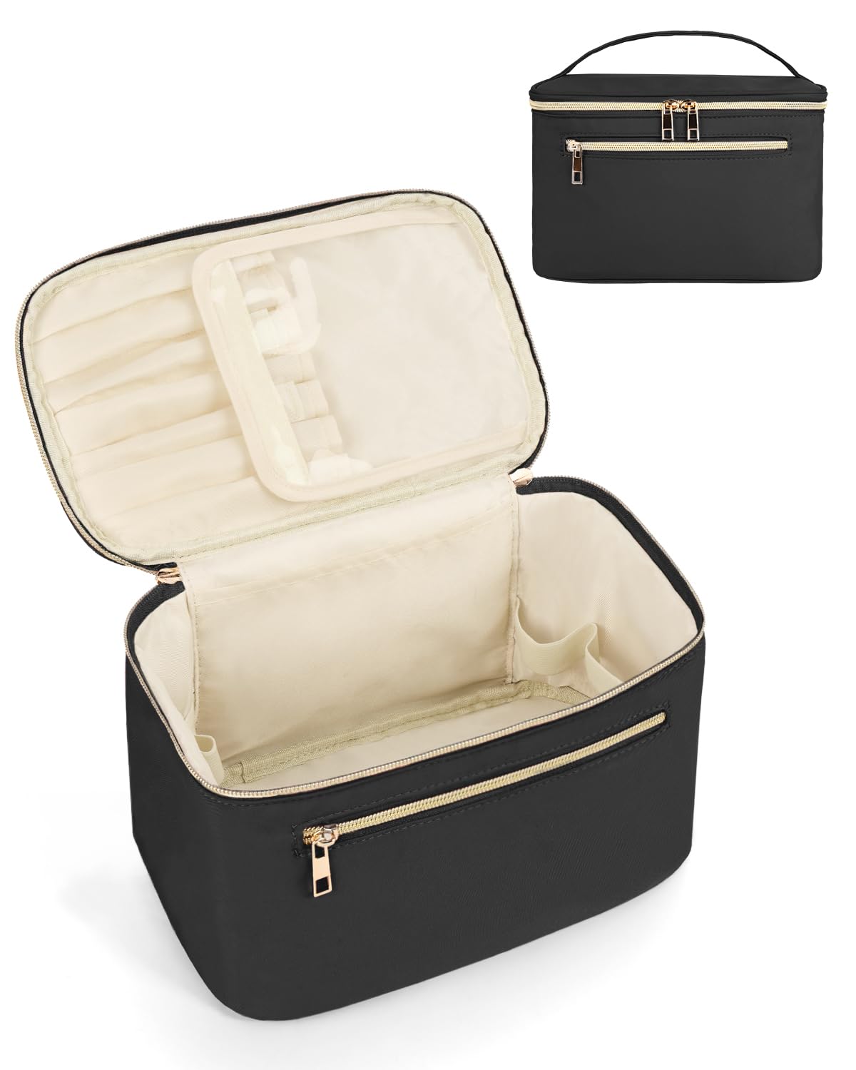 Wandering Nature Makeup Bag, Travel Make Up Organizer Cosmetic Brush Bags Case for Women in Vegan Leather, Milky White, Patent Pending
