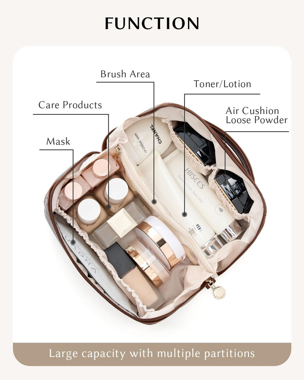 Makeup Bag, Travel Cosmetic Bags toiletry bag for Women, Waterproof PU Leather Make Up Pouch Organizer Travel Essentials Organizer with Divider (Brown)