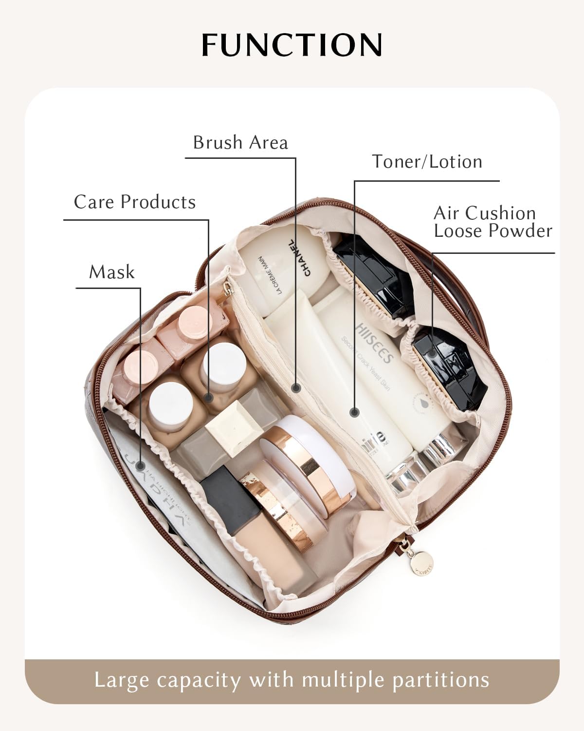 Makeup Bag, Travel Cosmetic Bags toiletry bag for Women, Waterproof PU Leather Make Up Pouch Organizer Travel Essentials Organizer with Divider (Brown)