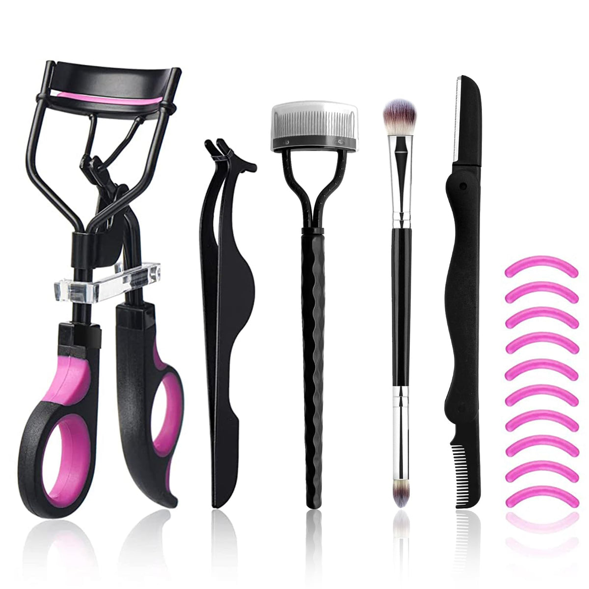 Eyelash Curlers Kit for Women w Lash Curler, Eyelash Comb Seperator, 3 in1 Mascara Brushes, Eyelash Extension Tweezers, Foldable Eyebrow Brush and Comb, 10 Silicone Refills Pads