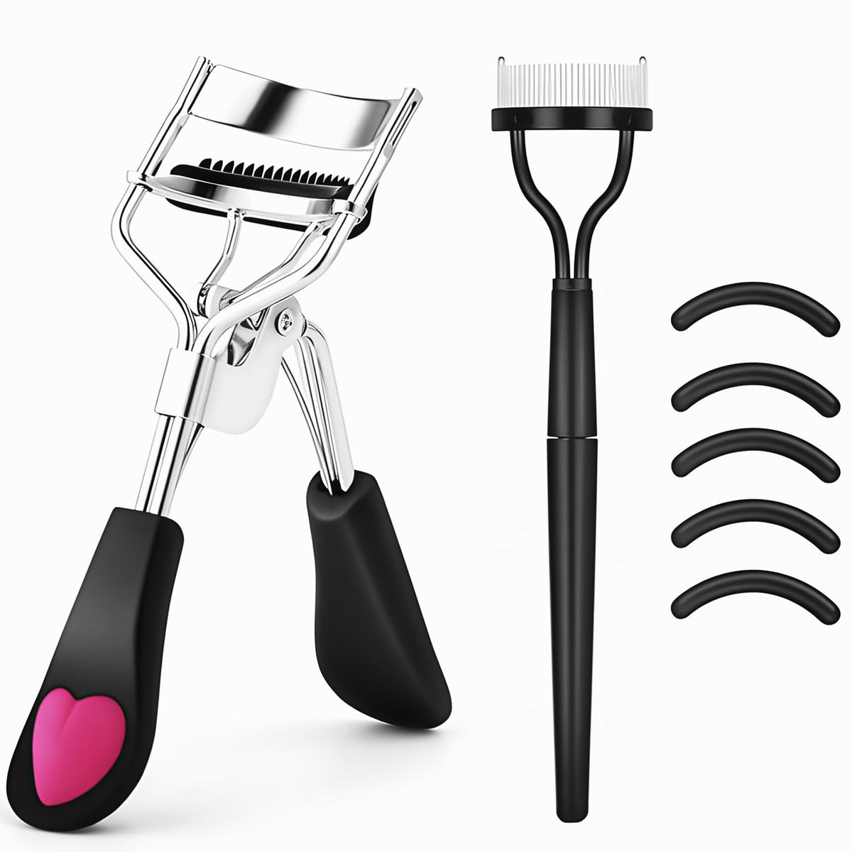 MERVK Stainless Steel Eyelash Curler with Built-in Comb Pinch Pain-Free Suitable for Any Eye Shapes and Sizes, with 5 Silicone Refill Pads (Light Pink)