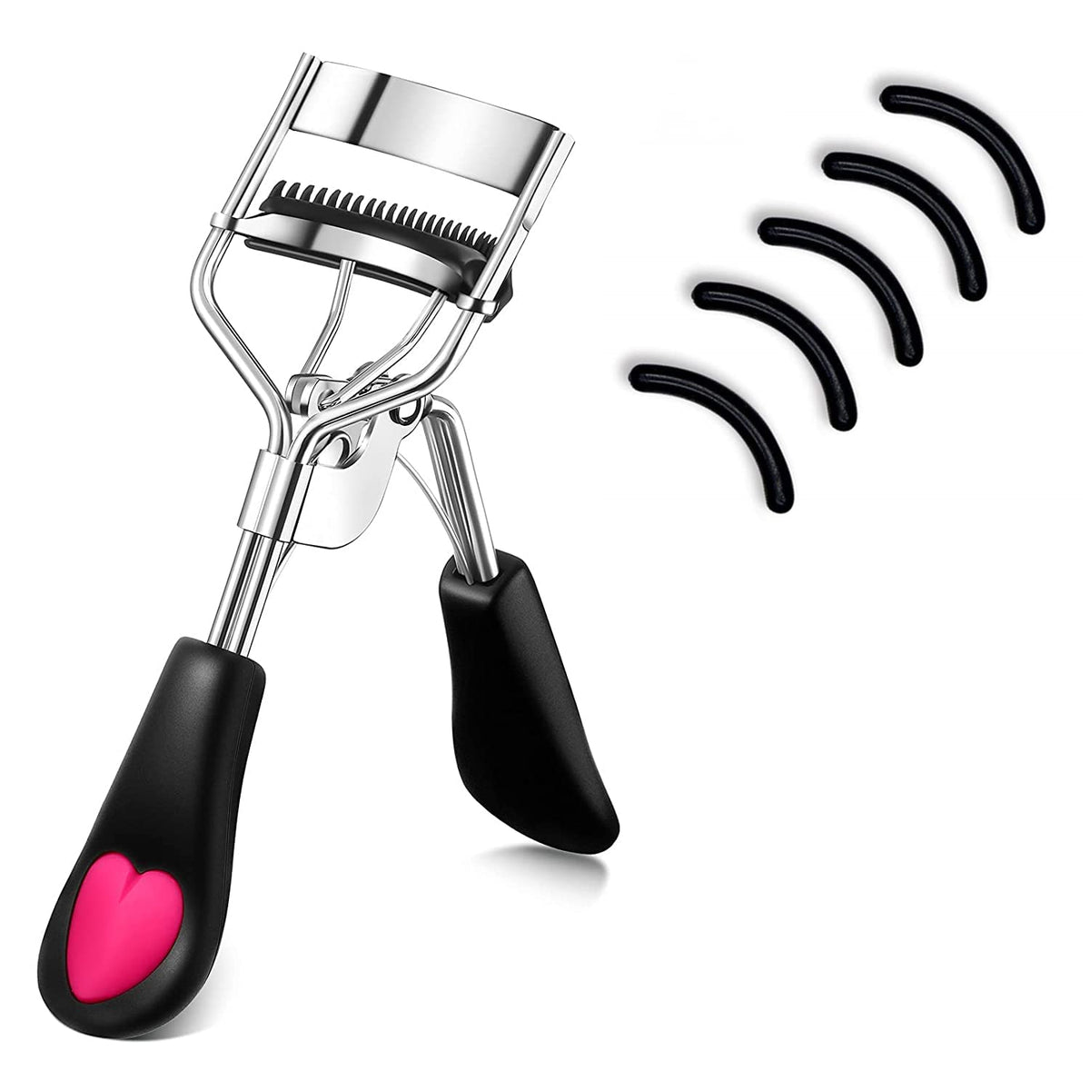 MERVK Stainless Steel Eyelash Curler with Built-in Comb Pinch Pain-Free Suitable for Any Eye Shapes and Sizes, with 5 Silicone Refill Pads (Light Pink)