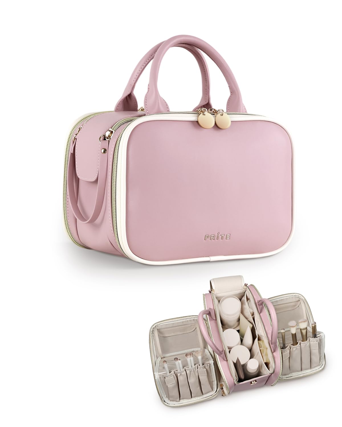 Prite Large Makeup Bag, Waterproof Travel Cosmetic Case with Brush Holder