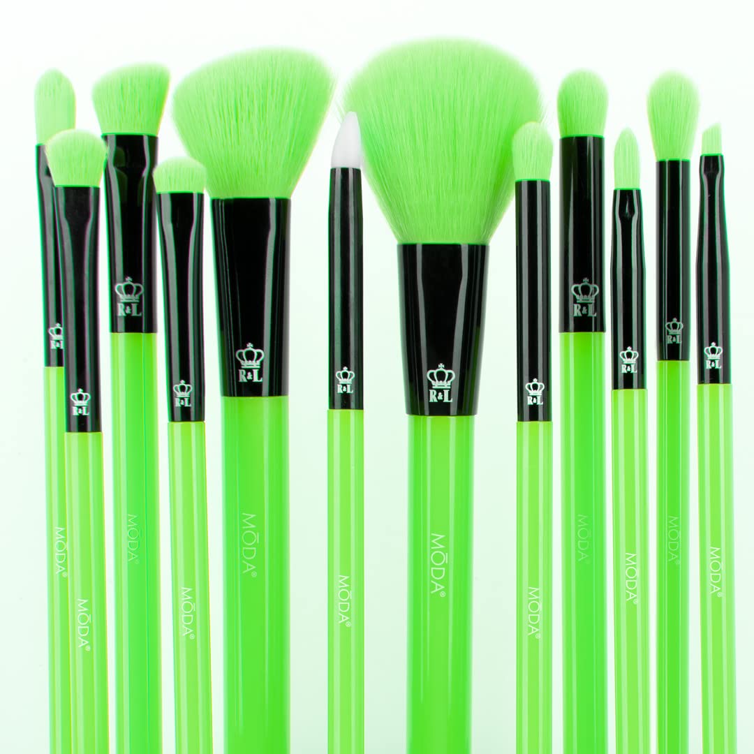 MODA Neon Green Makeup Brush Set, 12pc Colorful Face & Eye Brushes, Vegan