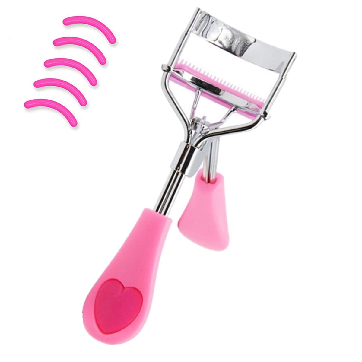 Stainless Steel Eyelash Curler with Built-in Comb Pinch Pain-Free Suitable for Any Eye Shapes and Sizes, with 5 Silicone Refill Pads (Black&Peach Heart)