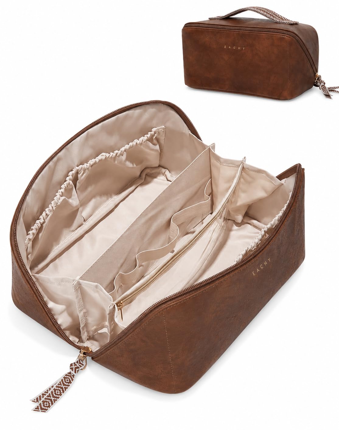 EACHY Travel Makeup Bag for Women, PU Leather Cosmetic Bag, Brown, Medium