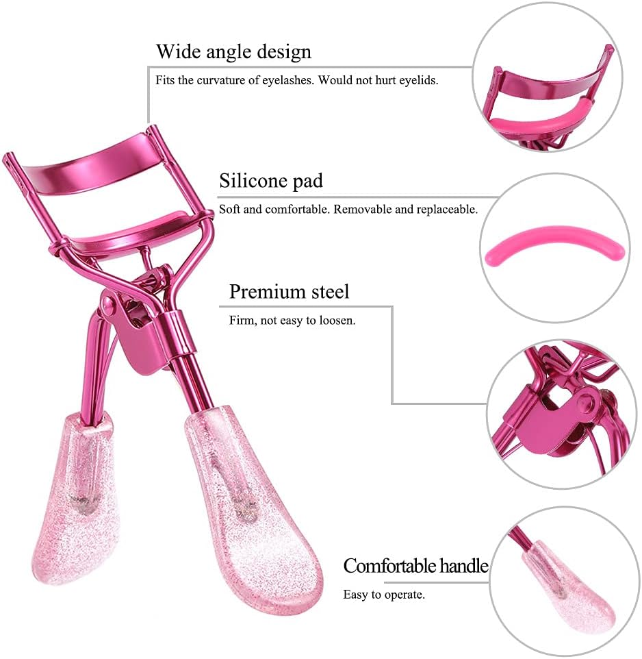 Uranian Eyelash Curlers Pink Lash Curler with 2 Silicone Refill Pads Glitter Handle Eye Lashes Curler Eyelashes Tool for Women and Girls (Pink)