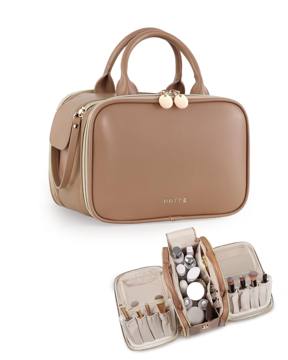 Prite Large Makeup Bag, Waterproof Travel Cosmetic Case with Brush Holder