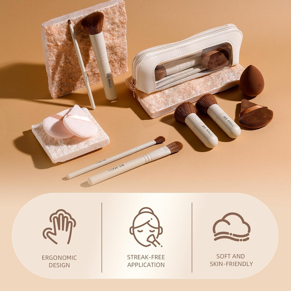 BS-MALL Makeup Brush Set 11Pcs Bamboo Synthetic Kabuki Brush Set Foundation Powder Blending Concealer Eye shadows Blush Cosmetics Brushes with Organizer Bag & Makeup Sponge (Beige)