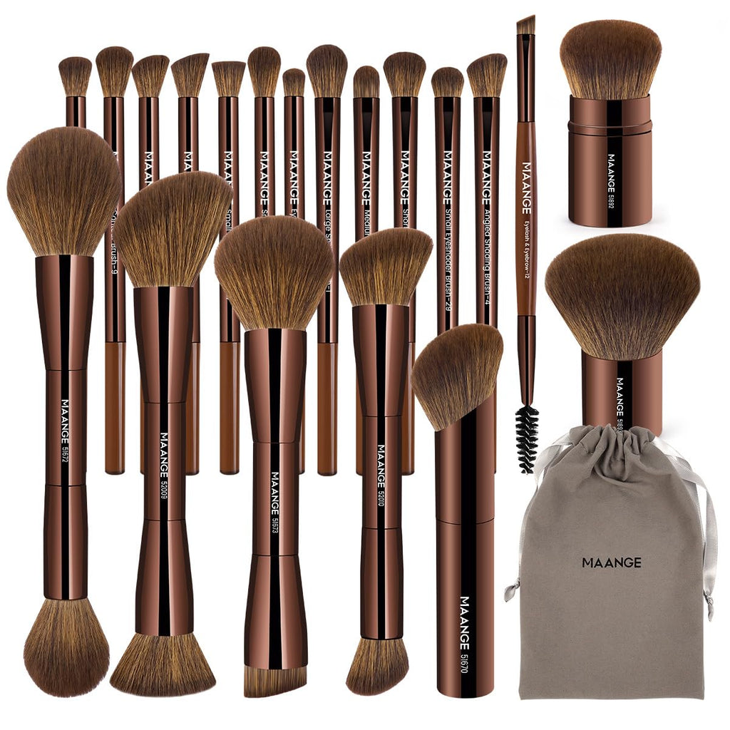 MAANGE 20 PCS Foundation Makeup Brush Set, Double-ended Kabuki Contour Brush for Liquid Powder Concealer Blending Blush Face Makeup Tools with Gift Box (Coffee)