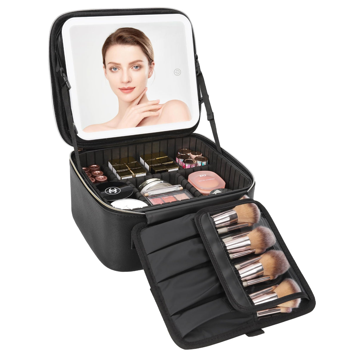 Relavel Travel Makeup Bag With LED Mirror Portable Travel Makeup Organizer 3 Color Adjustable Brightness Waterproof Cosmetic Train Case with Removable Dividers Makeup Storage for Women, Pink