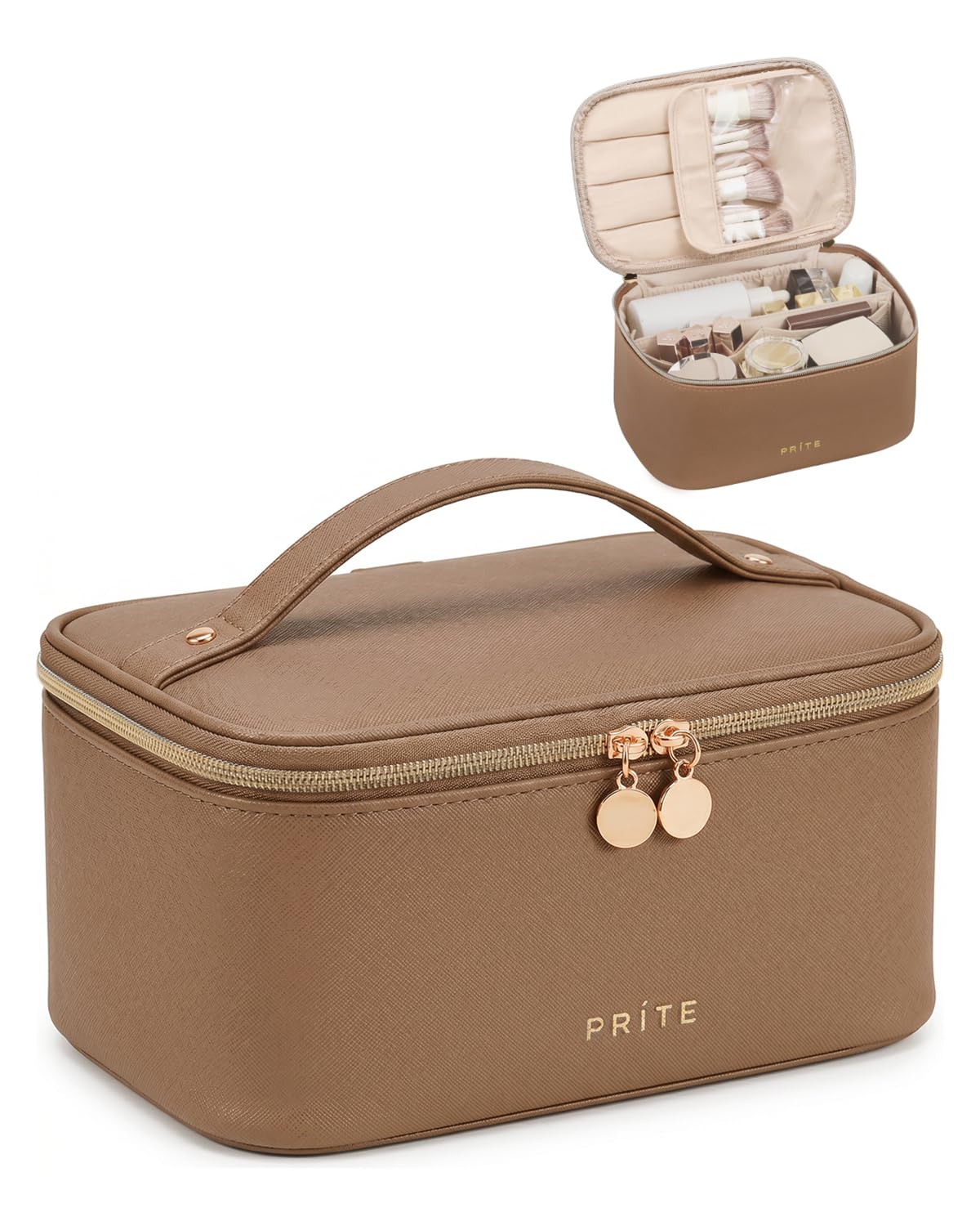 Prite Makeup Bag Travel Cosmetic Case, Women Toiletry Bag Organizer, Beige