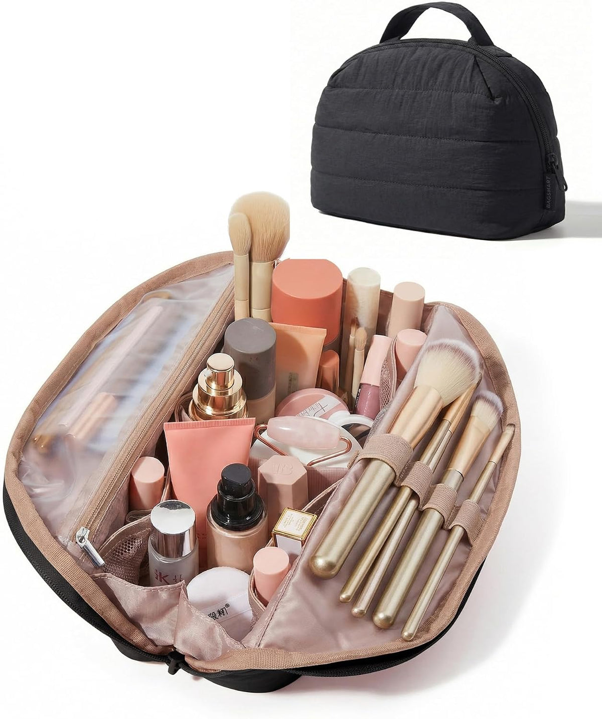 BAGSMART Travel Parallel Makeup Bag, Fold-Down Cosmetic Pouch for Women