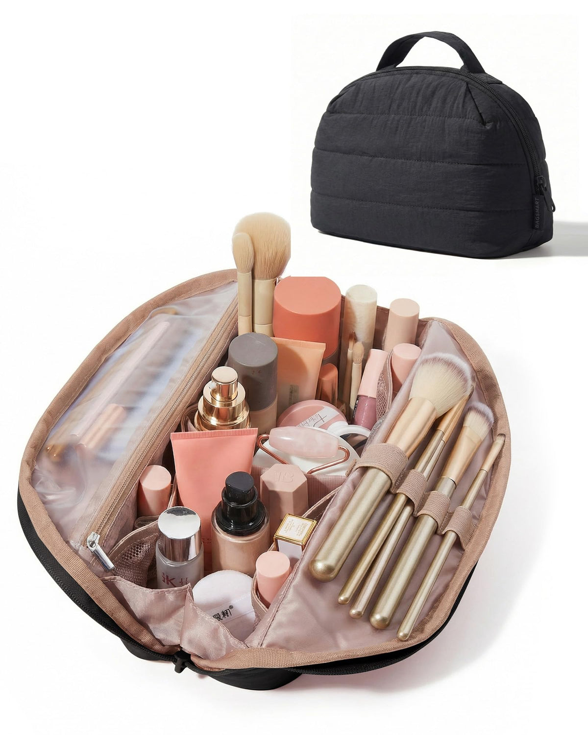 BAGSMART Travel Parallel Makeup Bag, Fold-Down Cosmetic Pouch for Women
