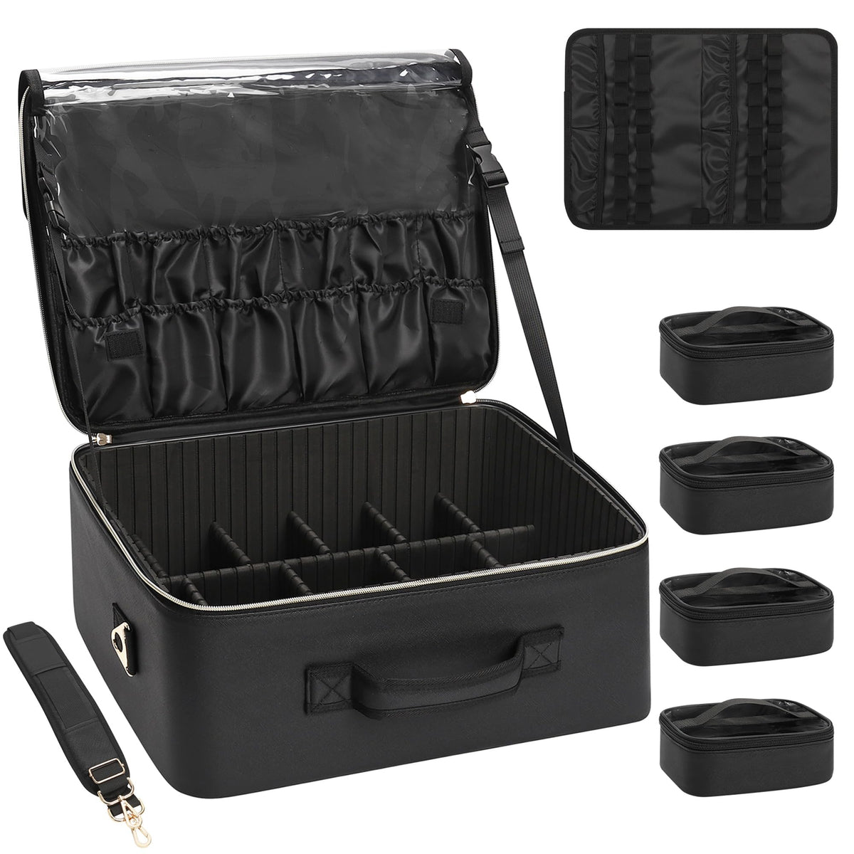 Relavel Extra Large Makeup Case Professional Cosmetic Storage Organizer Box Brush Holder with 4 Clear Set Bags & Lipstick Plate for Makeup Artists with Shoulder Strap & Adjustable Dividers