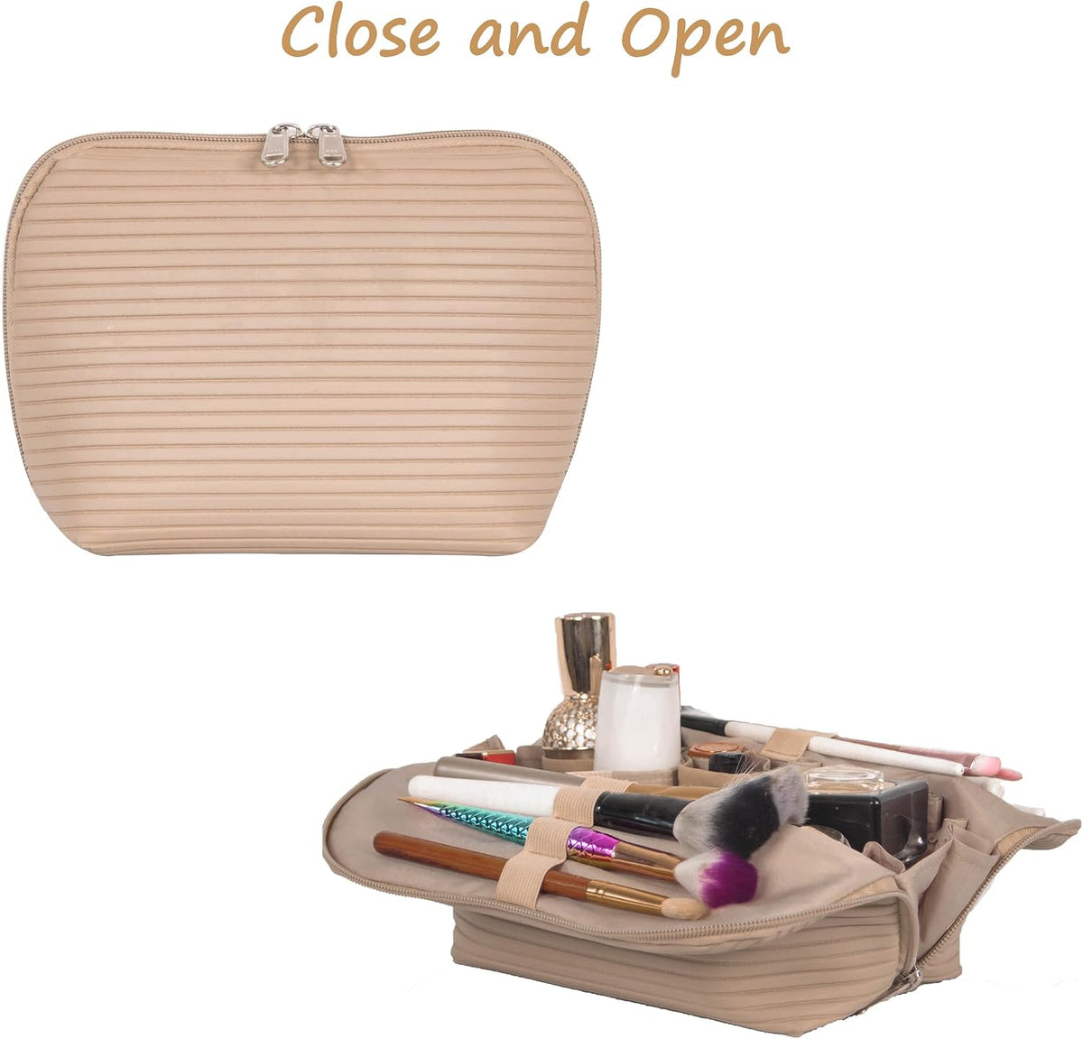 Travel Makeup Bag for Women, Waterproof Stand Up Cosmetic Bag with Brush Holders, Organizer Bag with Compartments, Fold-Down Design for Skincare, Toiletries & Essentials (Camel, Medium)