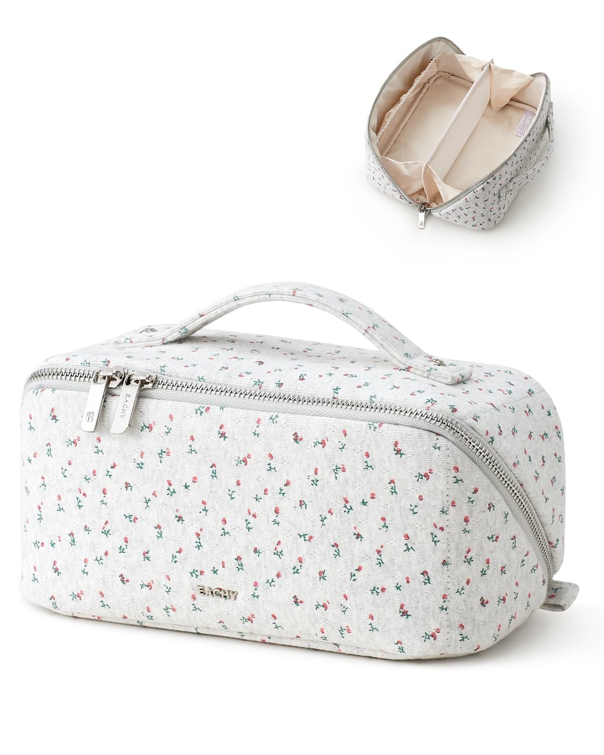 EACHY Travel Makeup Bag, Floral Cosmetic Bag for Women, Beige, Medium