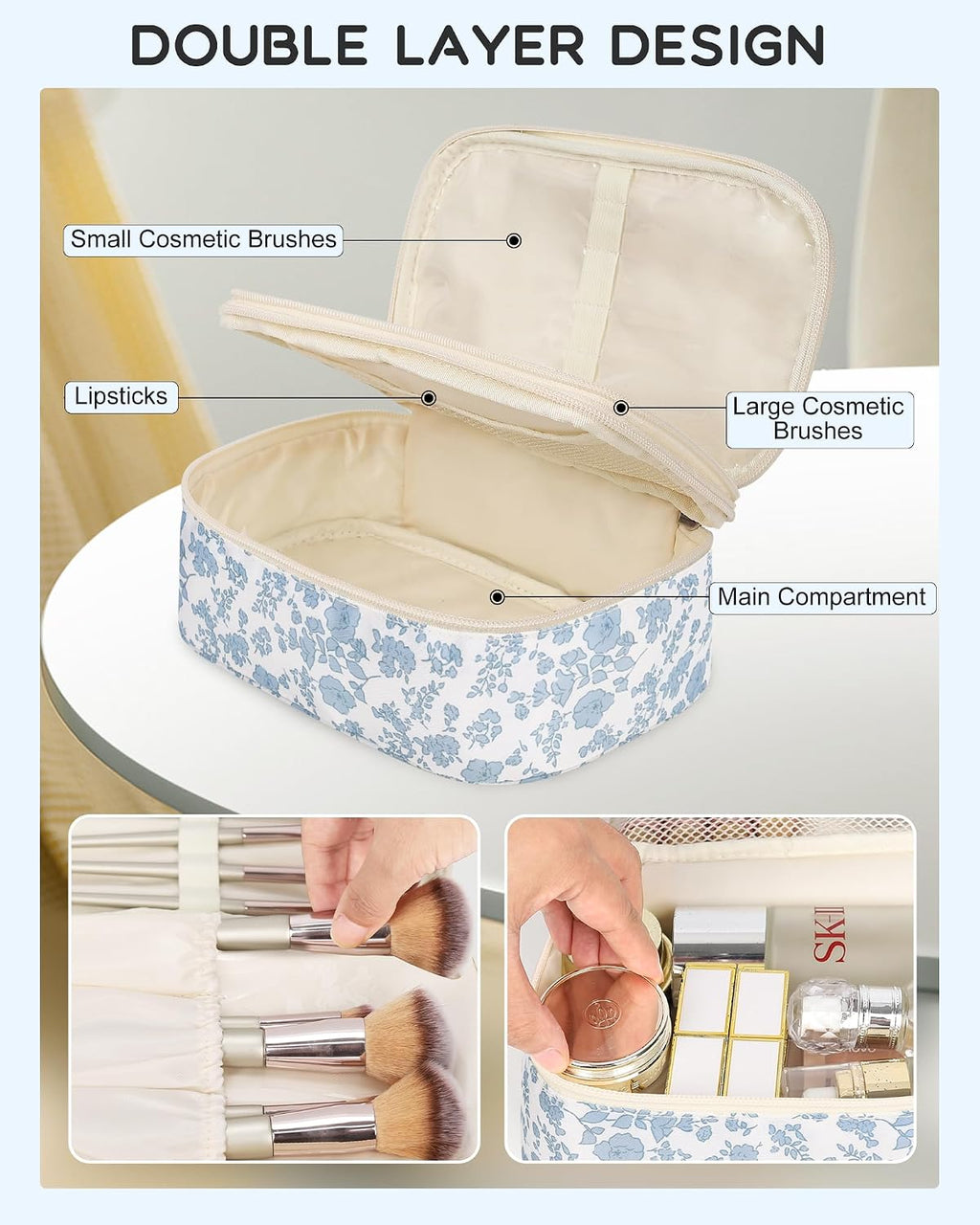 Relavel Travel Makeup Bag, Small Floral Cosmetic Bag with Makeup Brush Compartment, Portable Makeup Pouch for Women, Double Layer Makeup Organizer Bag Cute Toiletry Bag