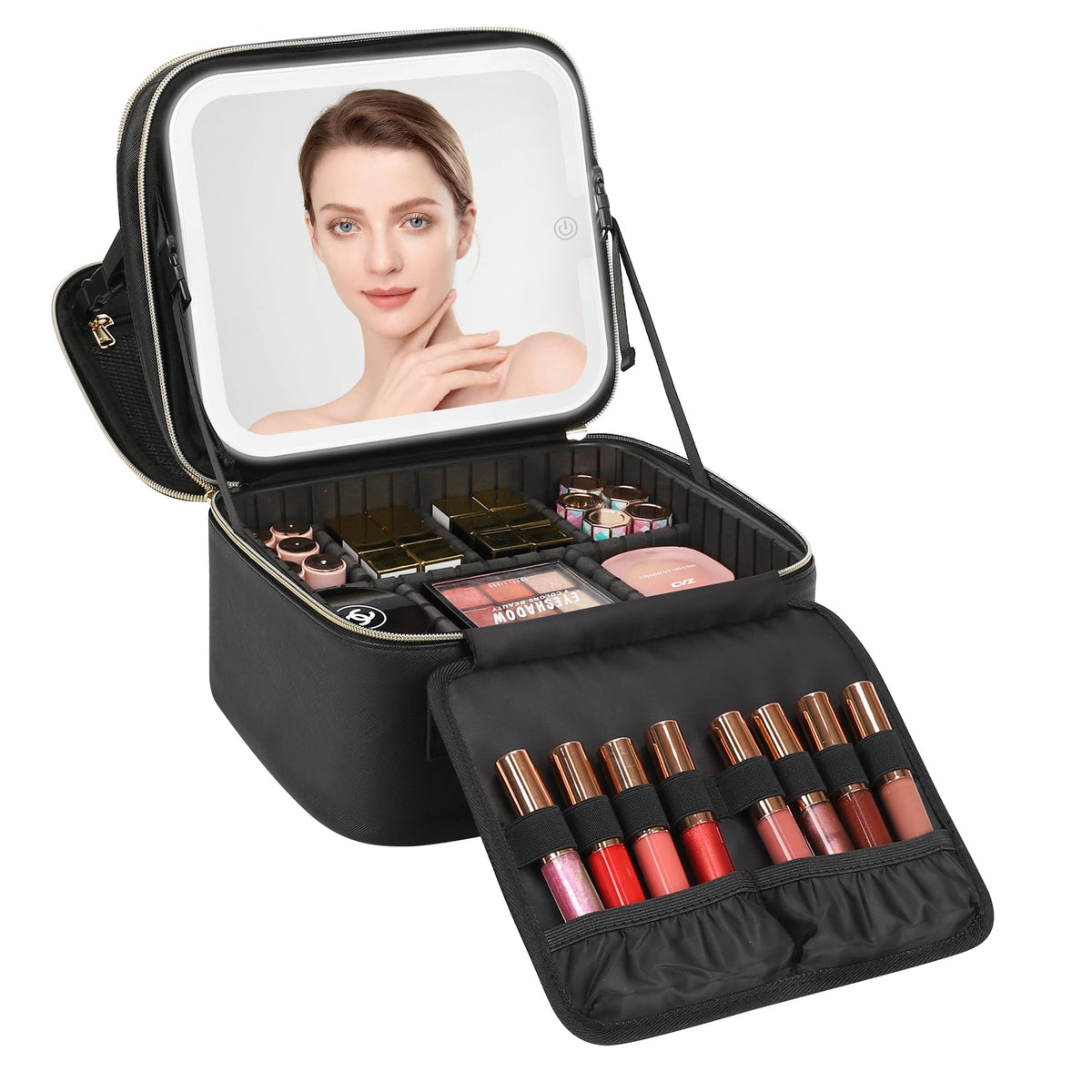 Relavel Travel Makeup Bag With LED Mirror Portable Travel Makeup Organizer 3 Color Adjustable Brightness Waterproof Cosmetic Train Case with Removable Dividers Makeup Storage for Women, Pink