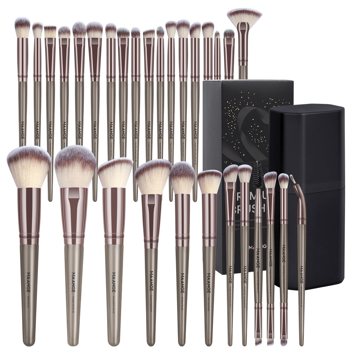 MAANGE 30Pcs Professional Makeup Brush Set with Case – Premium Synthetic Brushes for Foundation, Powder, Blush, Eyeshadow & Blending,Black Coffee